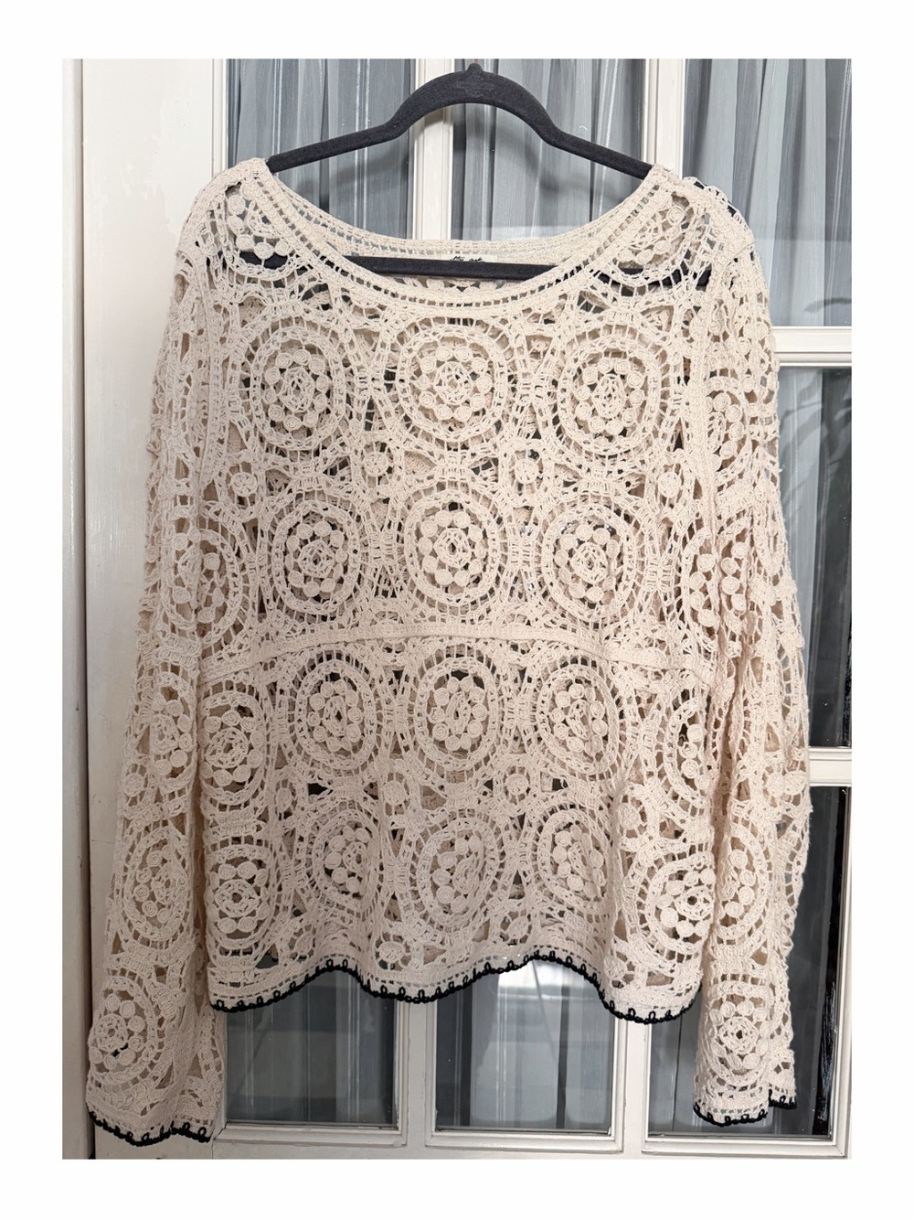 Ultra Pink Cream Crochet Openwork Long Sleeve Top